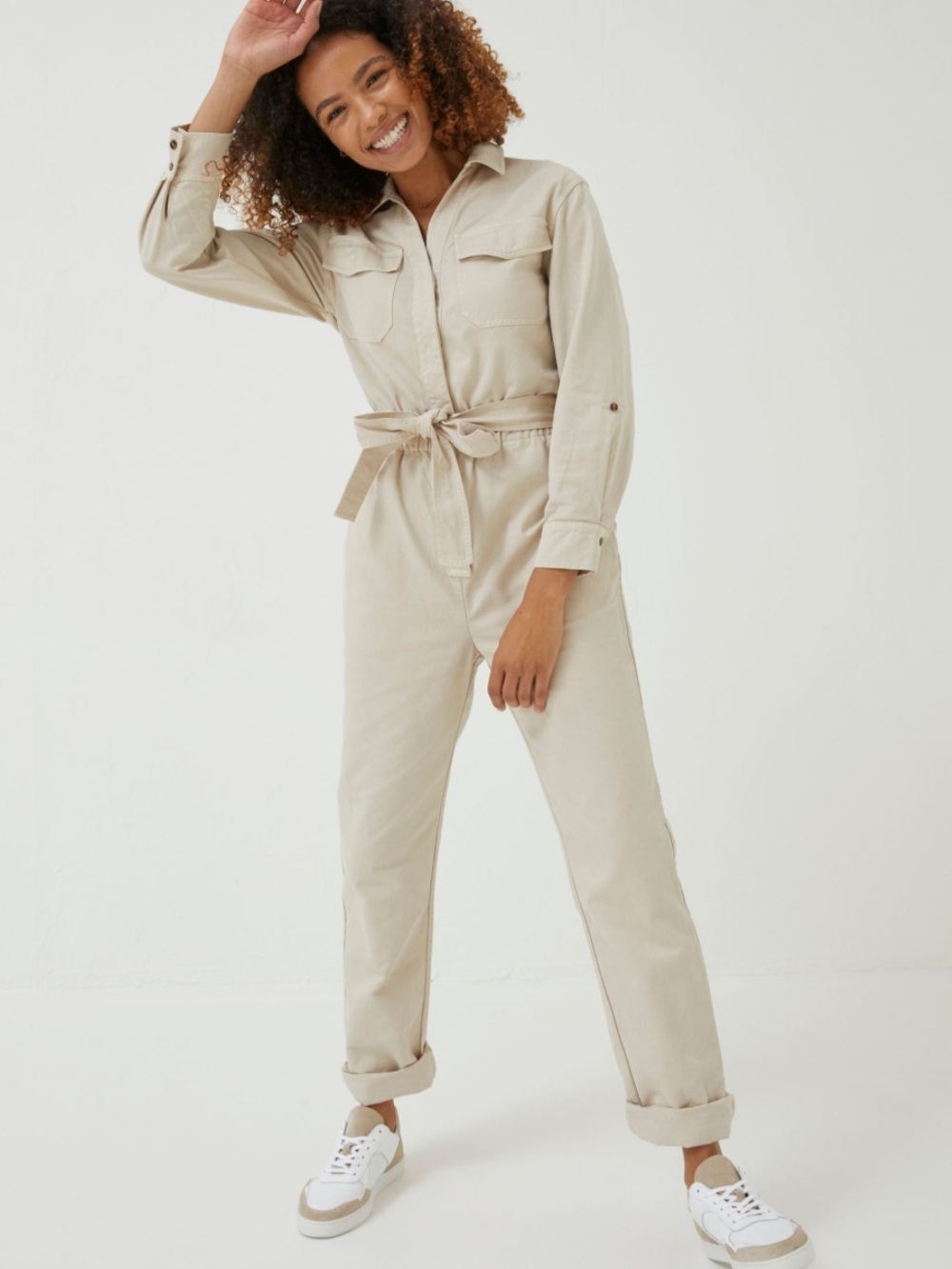 Fat Face Natural Betty Boilersuit Cream Utility Jumpsuit with Tie Waist
